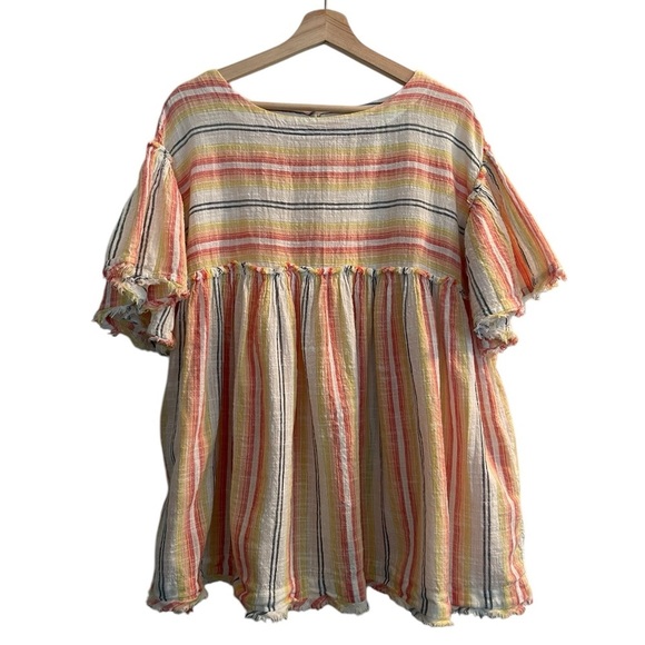 Free People Yellow Boho Tunic Babydoll Dress Size XS Cotton Fringe Oversized - Picture 11 of 11